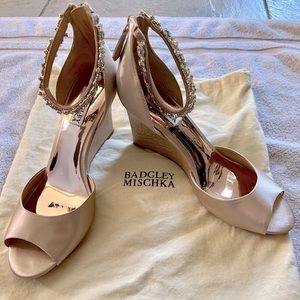 Badgley Mischka nude embellished wedge heels